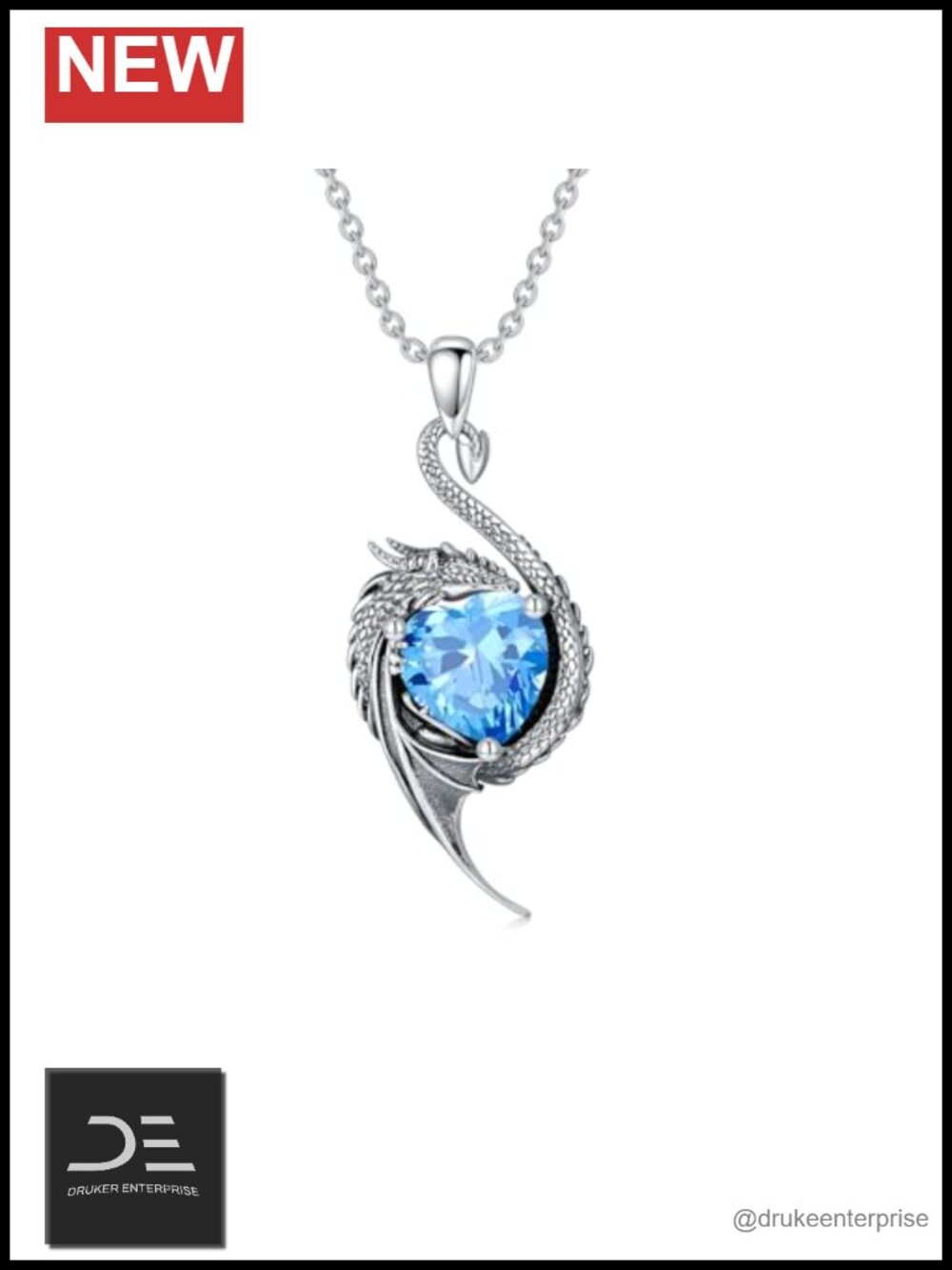 925 Sterling Silver Dragon Heart Cut Blue Topaz Pendant Necklace